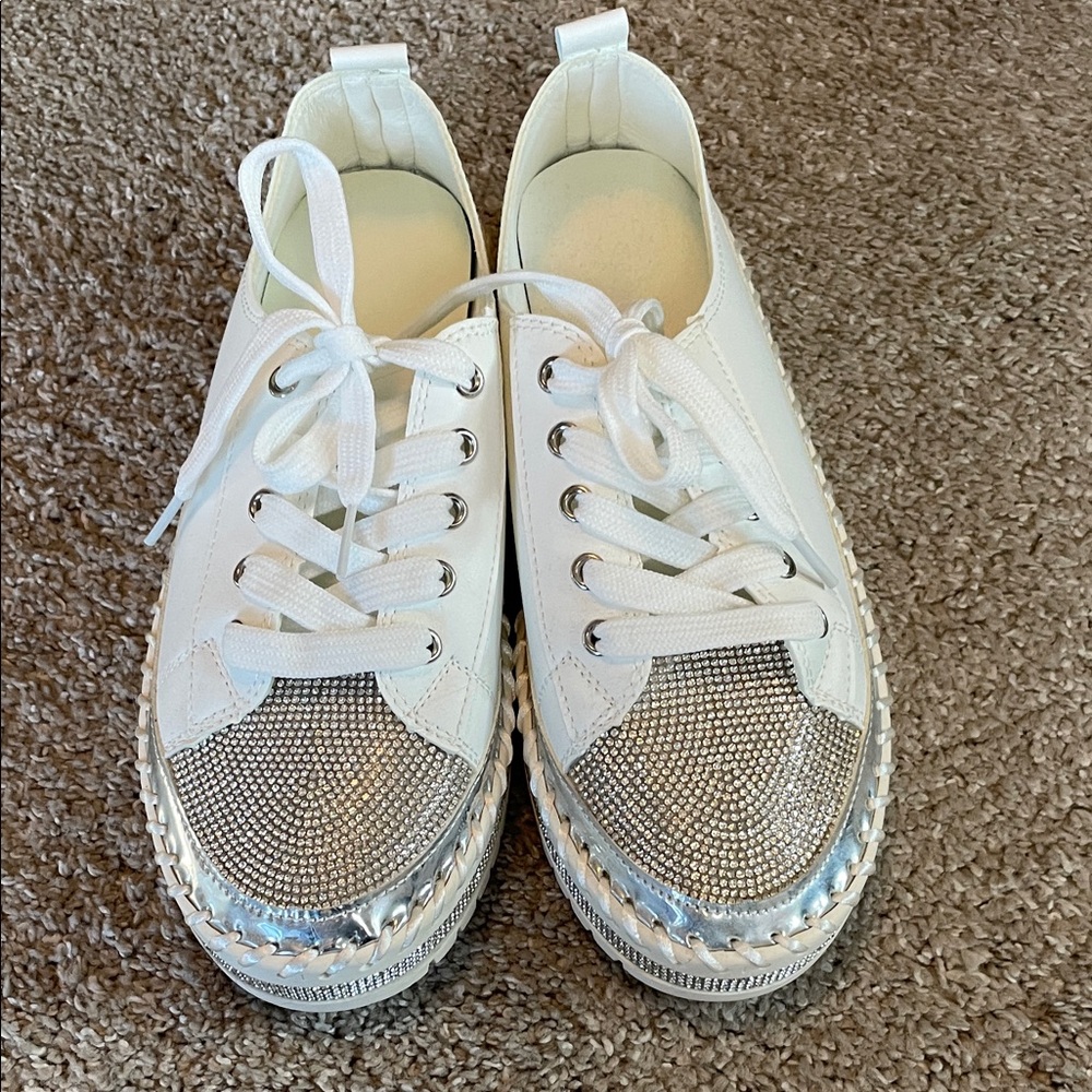 White Lace-up Women's Sneakers with Rhinestone Details, Size 8
